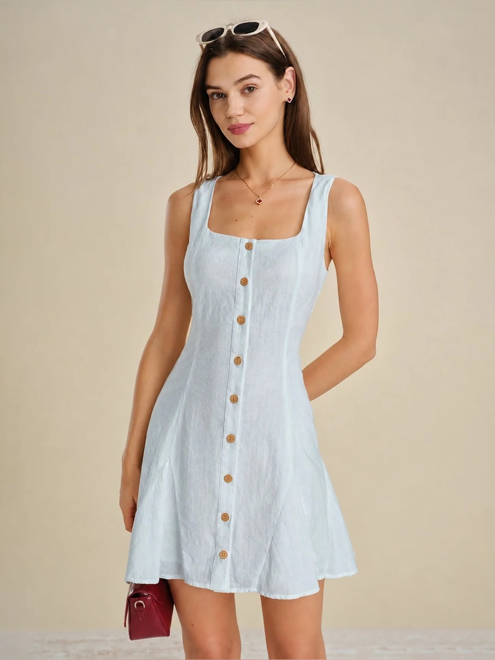 Rihoas Blue Square Neck Textured Mini Dress
